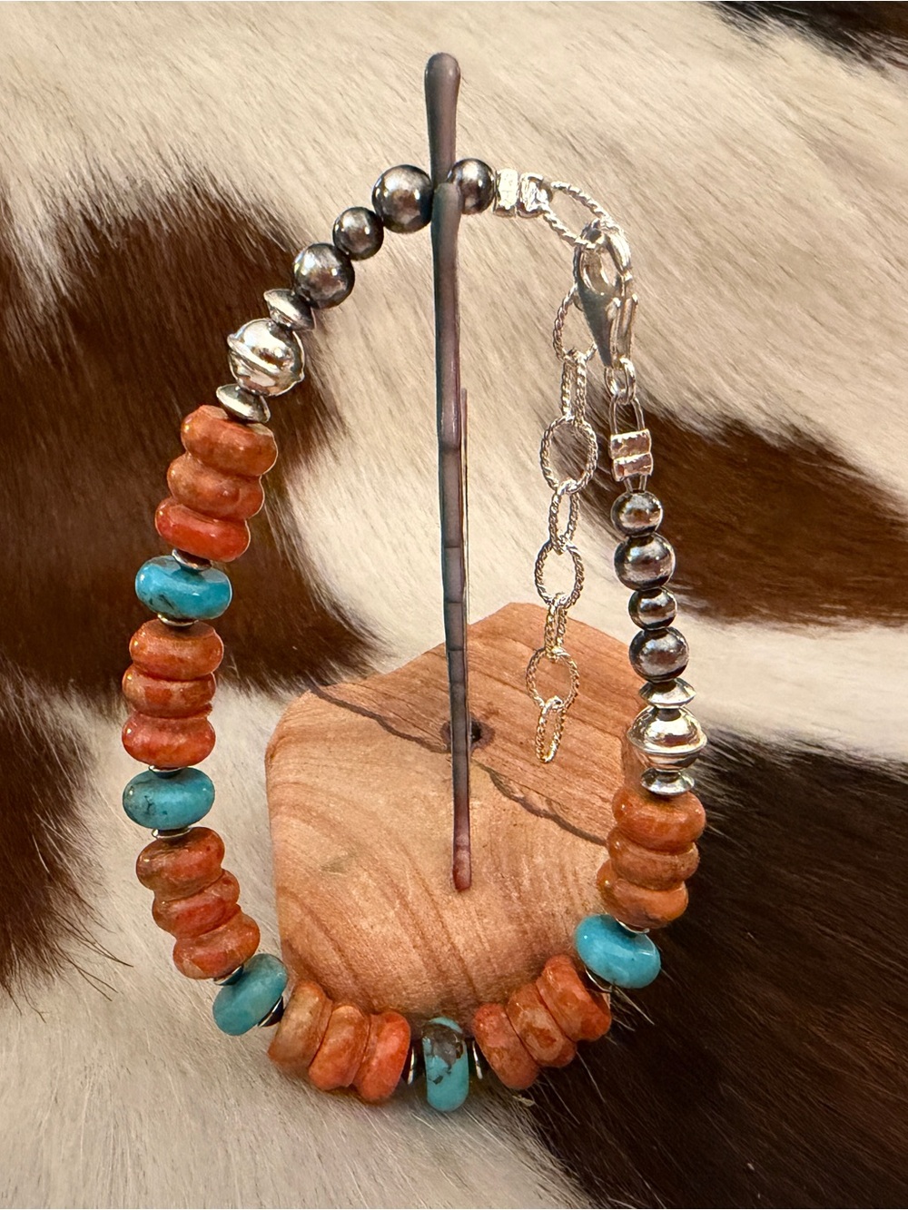 ❤️ 925 Orange Sponge Coral & Kingman Blue Turquoise Desert Pearl Bracelet 7+2”L